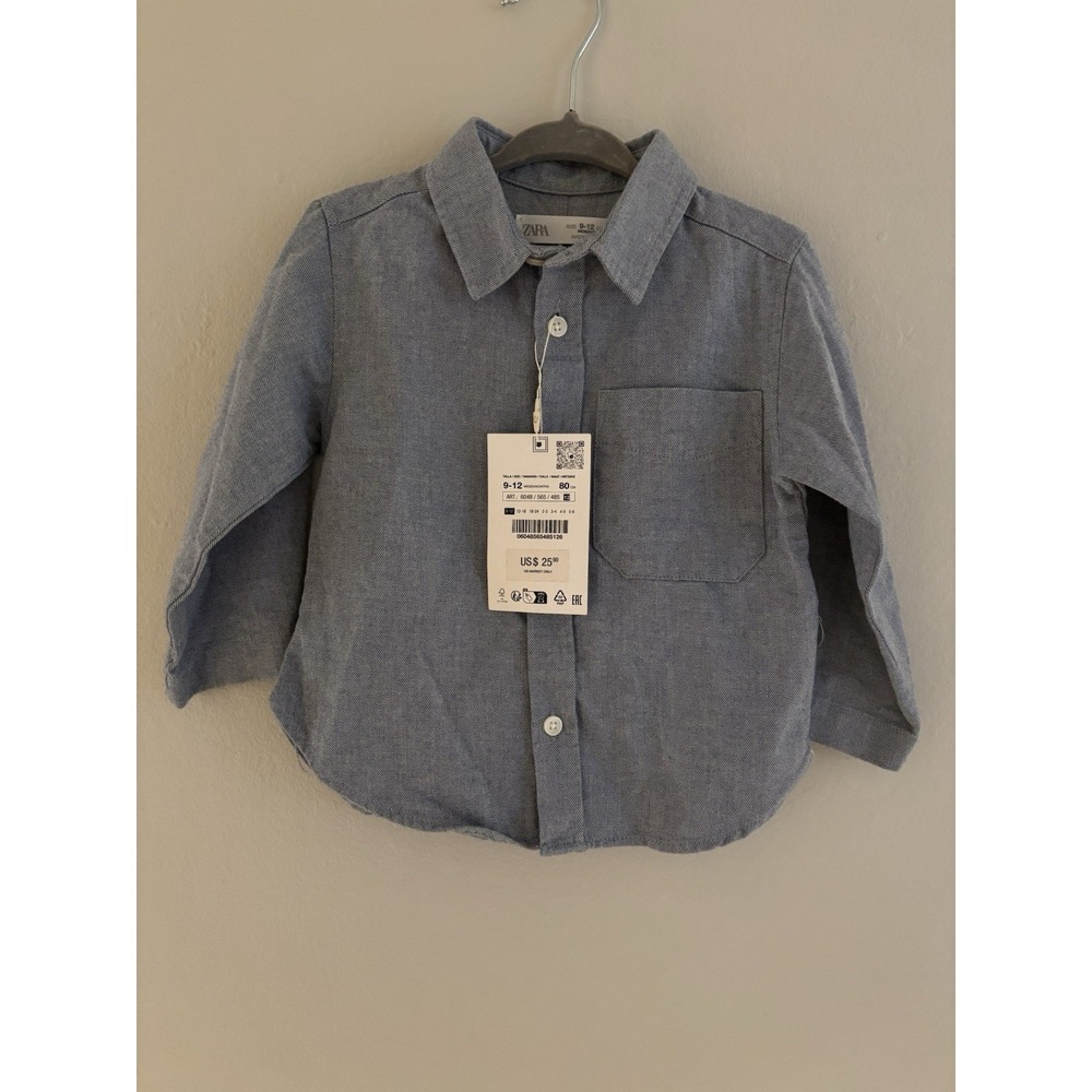 NWT Zara‎ 100% Cotton Long Sleeve Button Up Shirt Size 9-12 Months Blue